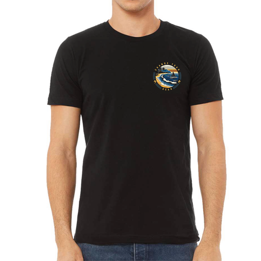 Front view of 2theSEA RETRO T-Shirt in Black featuring a small Change Your Gear coastal scene graphic on the left chest.