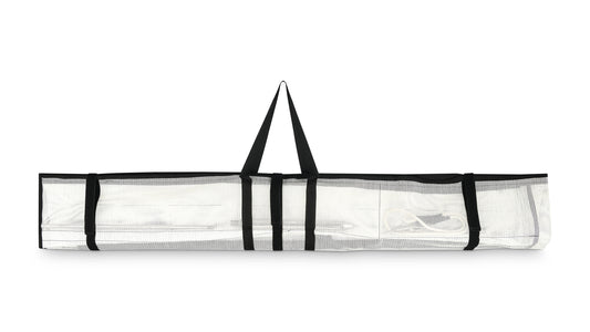 Black and white image of a harpoon gear storage bag with multiple pockets.