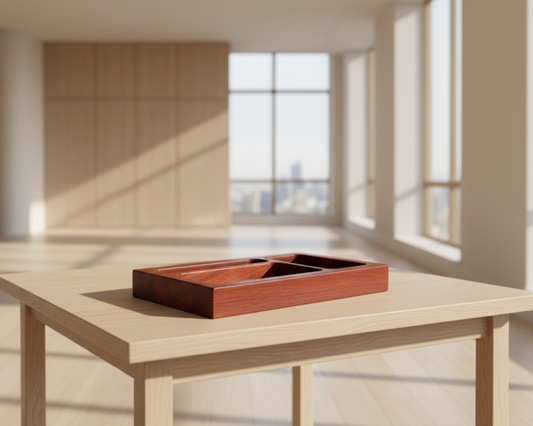 Wooden table with a 3 compartment valet tray