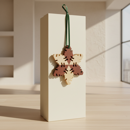 Wooden snowflake ornaments with ribbon on a xmas present bottle of wine