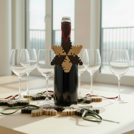 Red wine bottle with decorative ornament