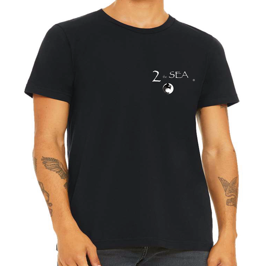 t-shirt, ocean inspired, offshore lifestyle, swordfish, beach theme, unisex, black, cotton , wave, 2 the Sea logo, front view