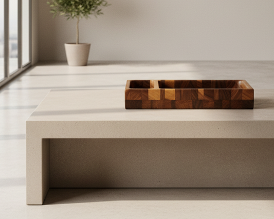 Wooden tray with two compartments on a white background