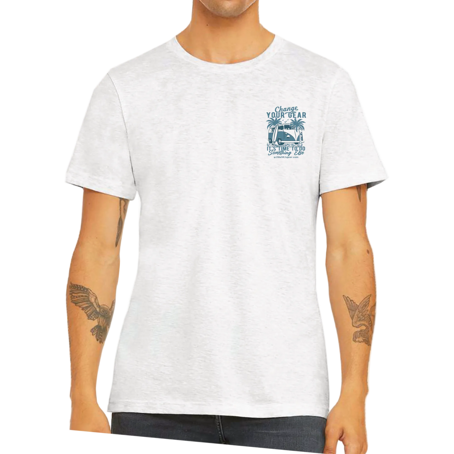 t-shirt ocean inspired, offshore lifestyle, beach theme, vintage graphics, unisex, cotton , vintage Van & surfboard