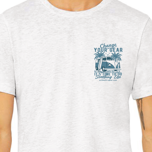 Front chest detail of the 2theSEA VIBE T-Shirt in Ash with the Change Your Gear coastal van graphic