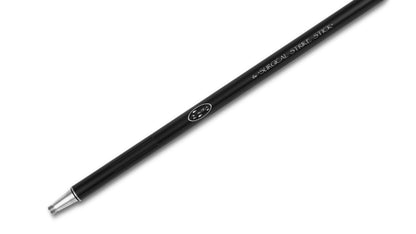 Close-up of the Surgical Strike Stick 11-foot two-piece harpoon shaft showing the anodized black finish, laser engraving, 2theSEA logo, and threaded stainless steel end
