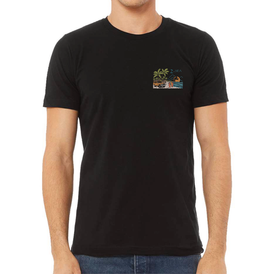 Front view of 2theSEA BEACH IT T-Shirt in Black featuring the small colorful beach scene graphic with palms, vehicle, surfboards, waves, and 2theSEA branding on the left chest.