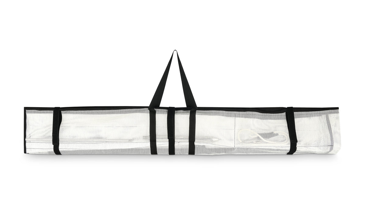 Closed 2theSEA Harpoon Storage & Carry Bag showing the dual-layer woven mesh body, securing straps, and reinforced carry handles