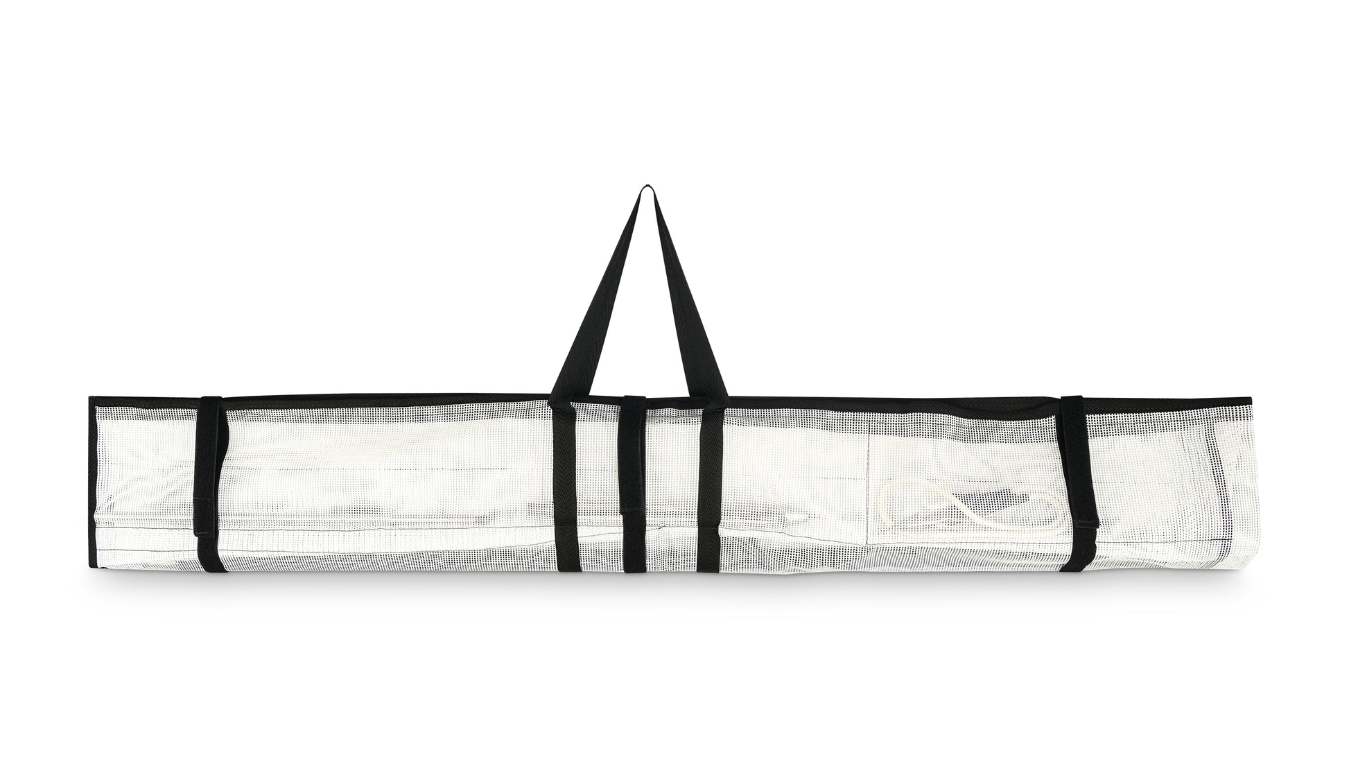 Closed 2theSEA Harpoon Storage & Carry Bag showing the dual-layer woven mesh body, securing straps, and reinforced carry handles