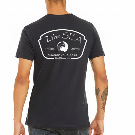 Back view of 2theSEA ICON Badge T-Shirt in dark grey black with large white badge graphic
