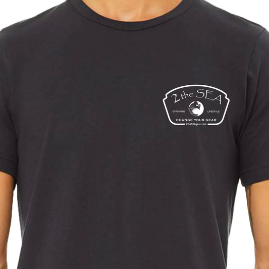 Close-up front view of dark grey black 2theSEA ICON Badge T-Shirt showing the white chest badge graphic