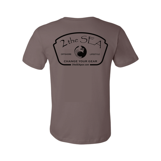 Back view of 2theSEA ICON Badge T-Shirt in Pebble Brown featuring the large black offshore lifestyle badge with wave emblem and Change Your Gear lettering.