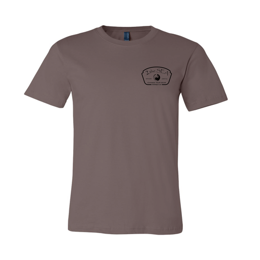 Front view of 2theSEA ICON Badge T-Shirt in Pebble Brown featuring the small black offshore lifestyle badge on the left chest.