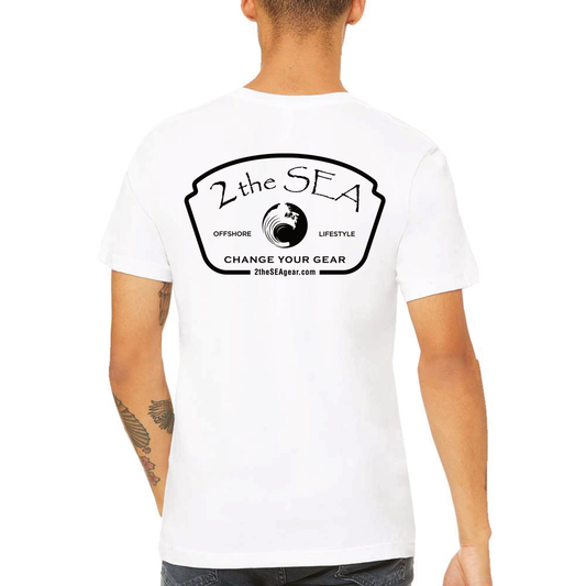 Back view of 2theSEA ICON Badge T-Shirt in White featuring the large black 2theSEA offshore lifestyle badge with Change Your Gear lettering.