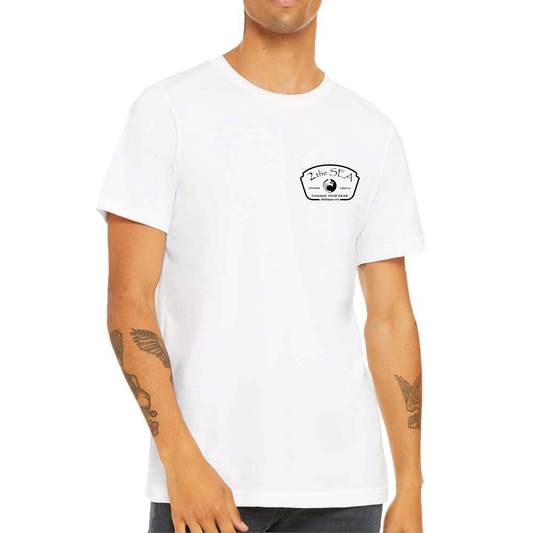 Front view of 2theSEA ICON Badge T-Shirt in White featuring the small black offshore lifestyle badge on the left chest.