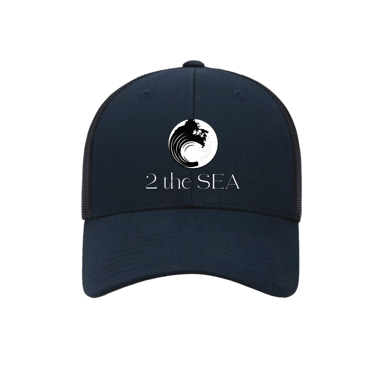 Front view of the 2theSEA ICON Logo Hat in Navy with embroidered wave mark and 2theSEA logo