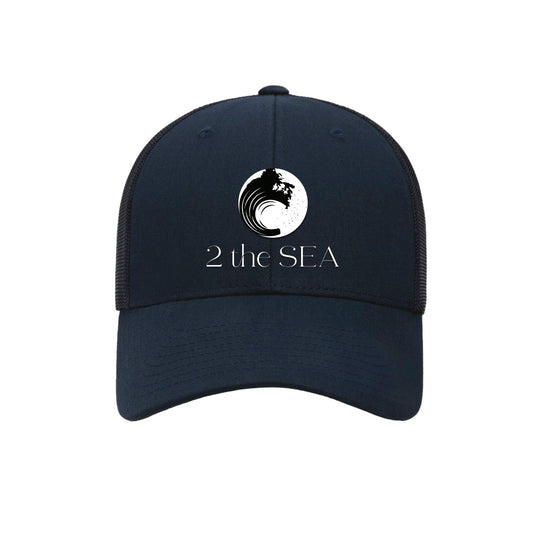 Front view of the 2theSEA ICON Logo Hat in Navy with embroidered wave mark and 2theSEA logo