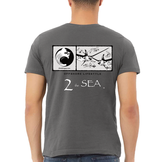 Back view of 2theSEA RECTANGLE T-Shirt in Asphalt Gray featuring the black-and-white offshore graphic with wave emblem, crossed swordfish, and 2theSEA lettering.