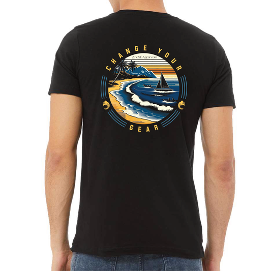 Back view of 2theSEA RETRO T-Shirt in Black featuring the colorful Change Your Gear coastal scene with sailboat, waves, mountains, and shoreline.