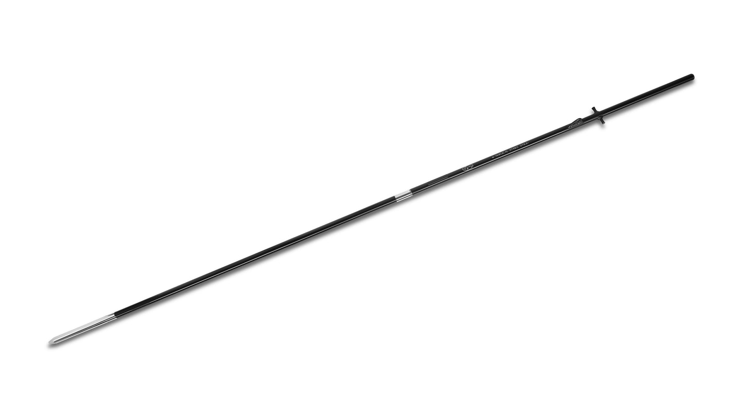 Assembled Surgical Strike Stick 10-foot two-piece offshore harpoon shown full length with black anodized shaft, finger grip, and stainless steel pike