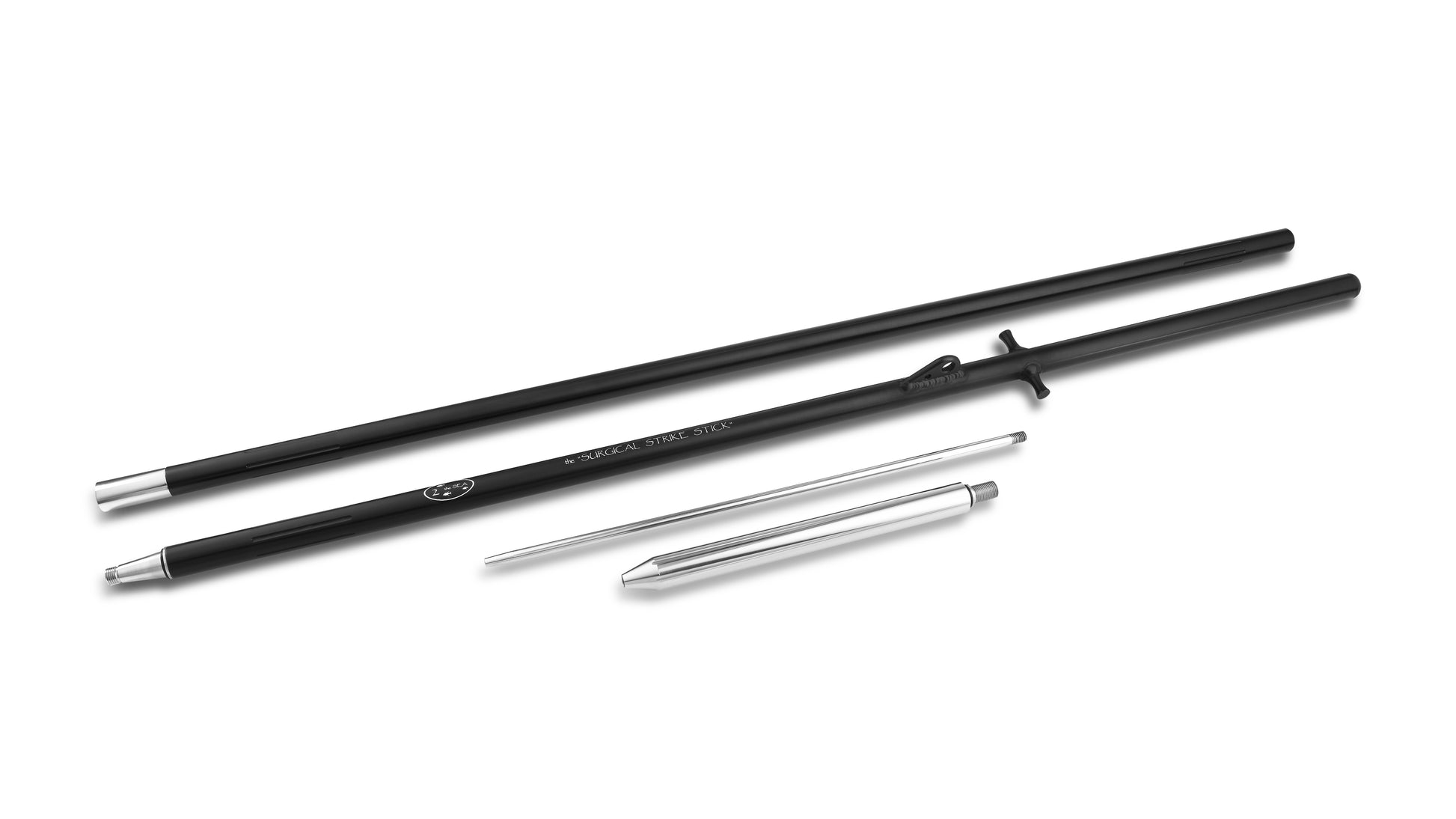 Surgical Strike Stick 10-foot two-piece offshore harpoon with anodized black shafts, powerhead and pike on a white background