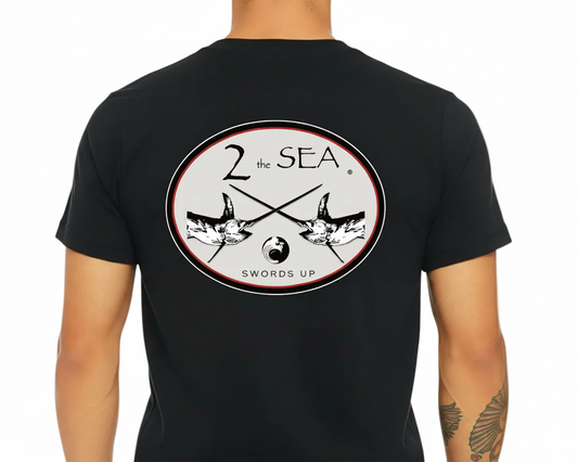 Back view of 2theSEA SWORDS UP T-Shirt in Black featuring the large crossed swordfish graphic with 2theSEA branding.