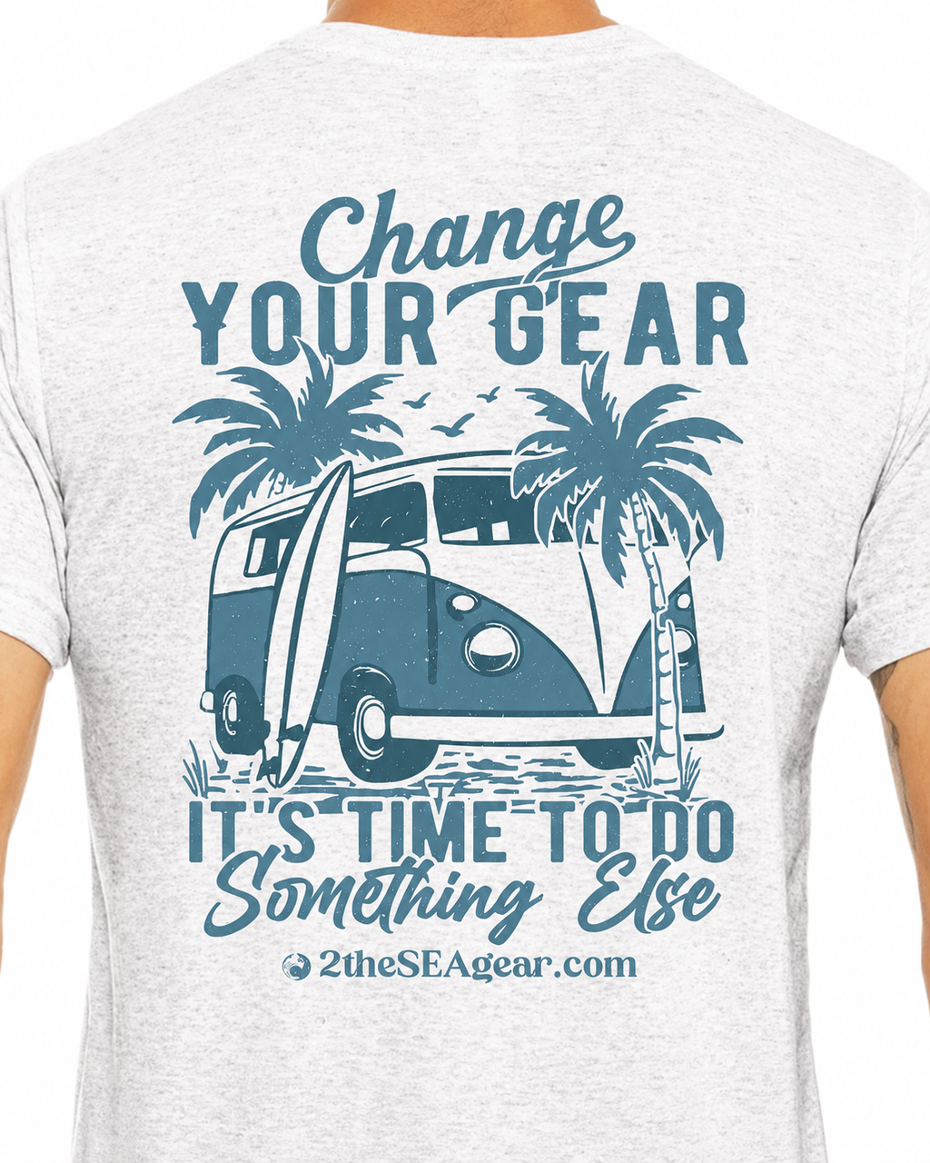 Close-up back view of the Change of Course Ash 2theSEA T-shirt showing the large Change Your Gear van and palm graphic.