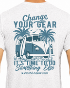 Close-up back view of the Change of Course Ash 2theSEA T-shirt showing the large Change Your Gear van and palm graphic.