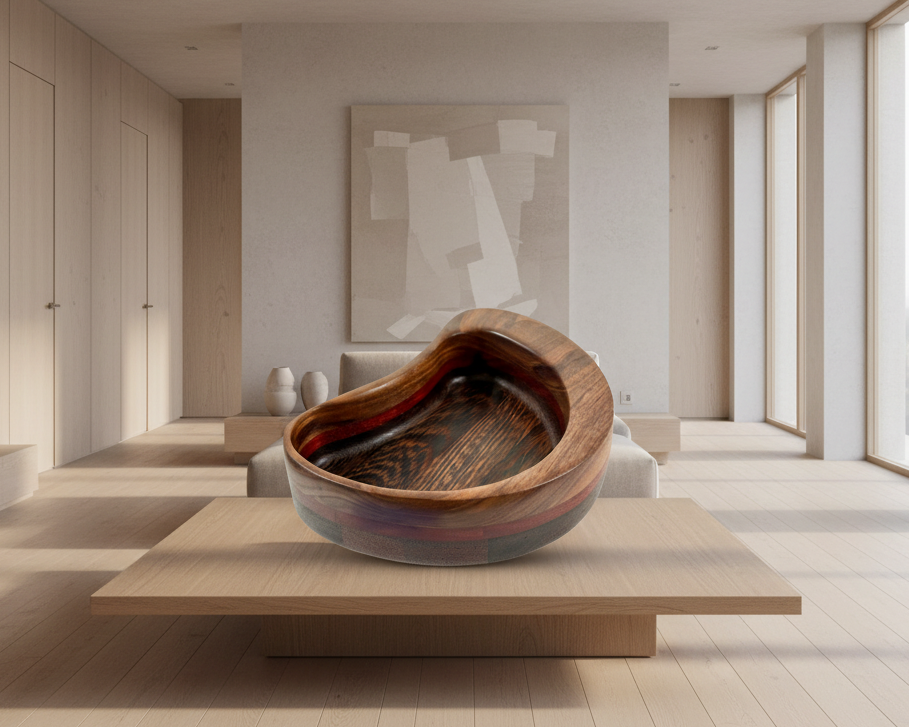 Hardwood Wenge Walnut & Padauk Decorative Bowl Kidney Shaped