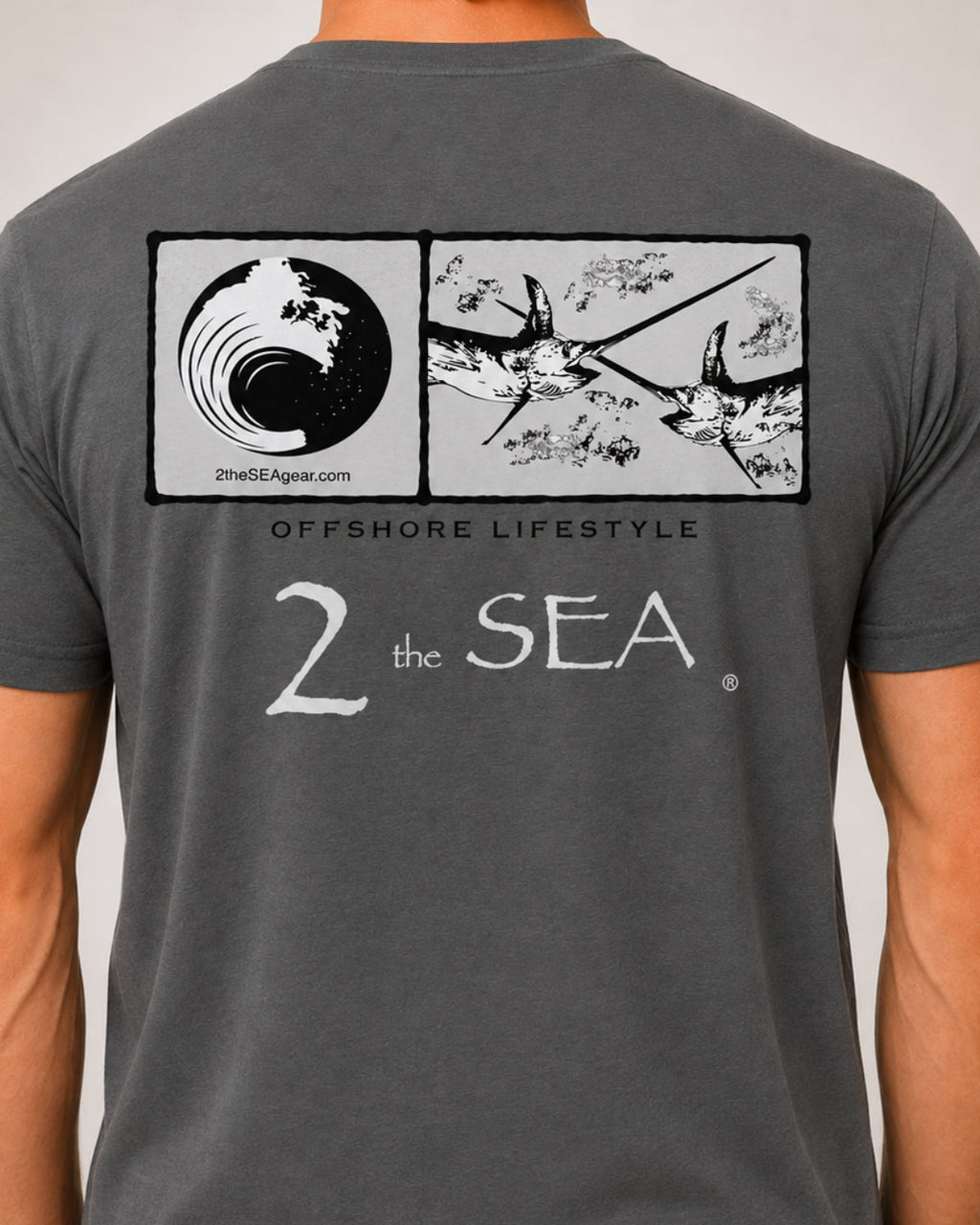 Close-up back view of the Bluewater Asphalt Gray 2theSEA T-shirt showing the large offshore rectangular panel graphic.