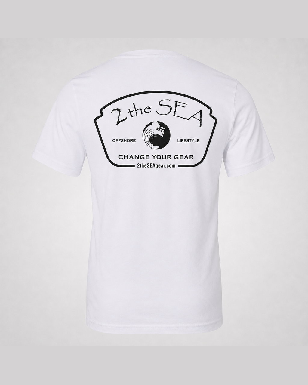Studio back view of The Mark white 2theSEA T-shirt featuring the large black Change Your Gear badge graphic centered on the back.