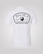 Studio back view of The Mark white 2theSEA T-shirt featuring the large black Change Your Gear badge graphic centered on the back.