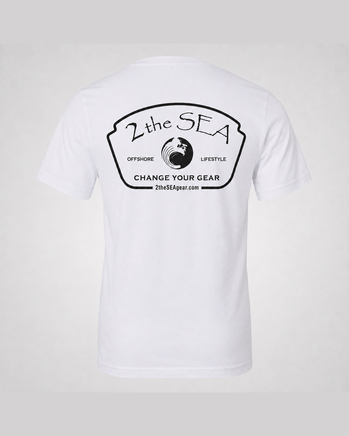 Studio back view of The Mark white 2theSEA T-shirt featuring the large black Change Your Gear badge graphic centered on the back.