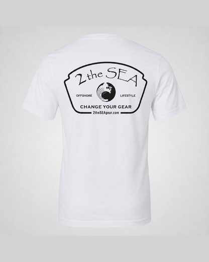 Studio back view of The Mark white 2theSEA T-shirt featuring the large black Change Your Gear badge graphic centered on the back.