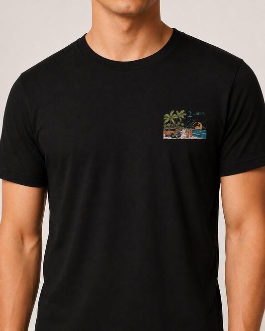 Close-up front view of The Departure Black 2theSEA T-shirt showing the Change Your Gear beach graphic on the left chest.