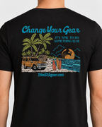 Close-up back view of The Departure Black 2theSEA T-shirt showing the large Change Your Gear beach graphic.