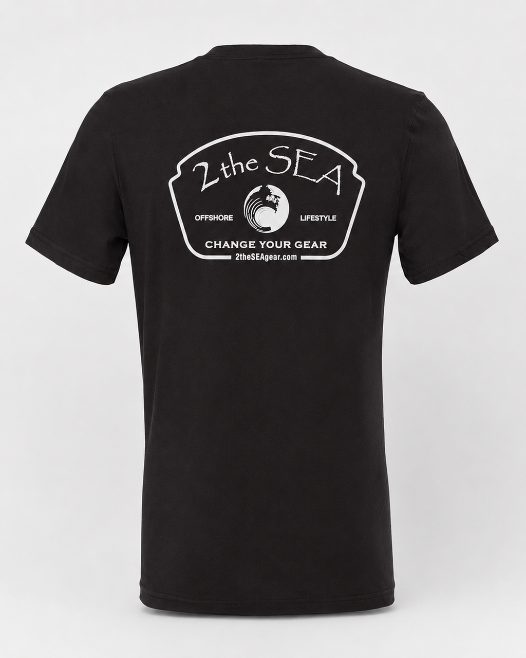 Studio back view of The Mark dark grey 2theSEA T-shirt featuring the large light Change Your Gear badge graphic centered on the back.