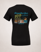 Studio back view of The Departure Black 2theSEA T-shirt featuring the large Change Your Gear beach graphic centered on the back.