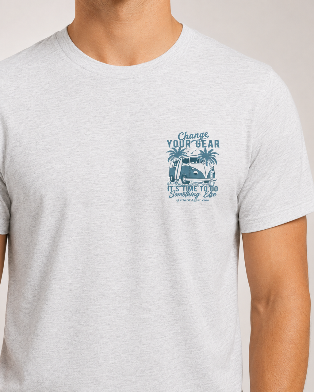 Close-up front view of the Change of Course Ash 2theSEA T-shirt showing the Change Your Gear van and palm graphic on the left chest.