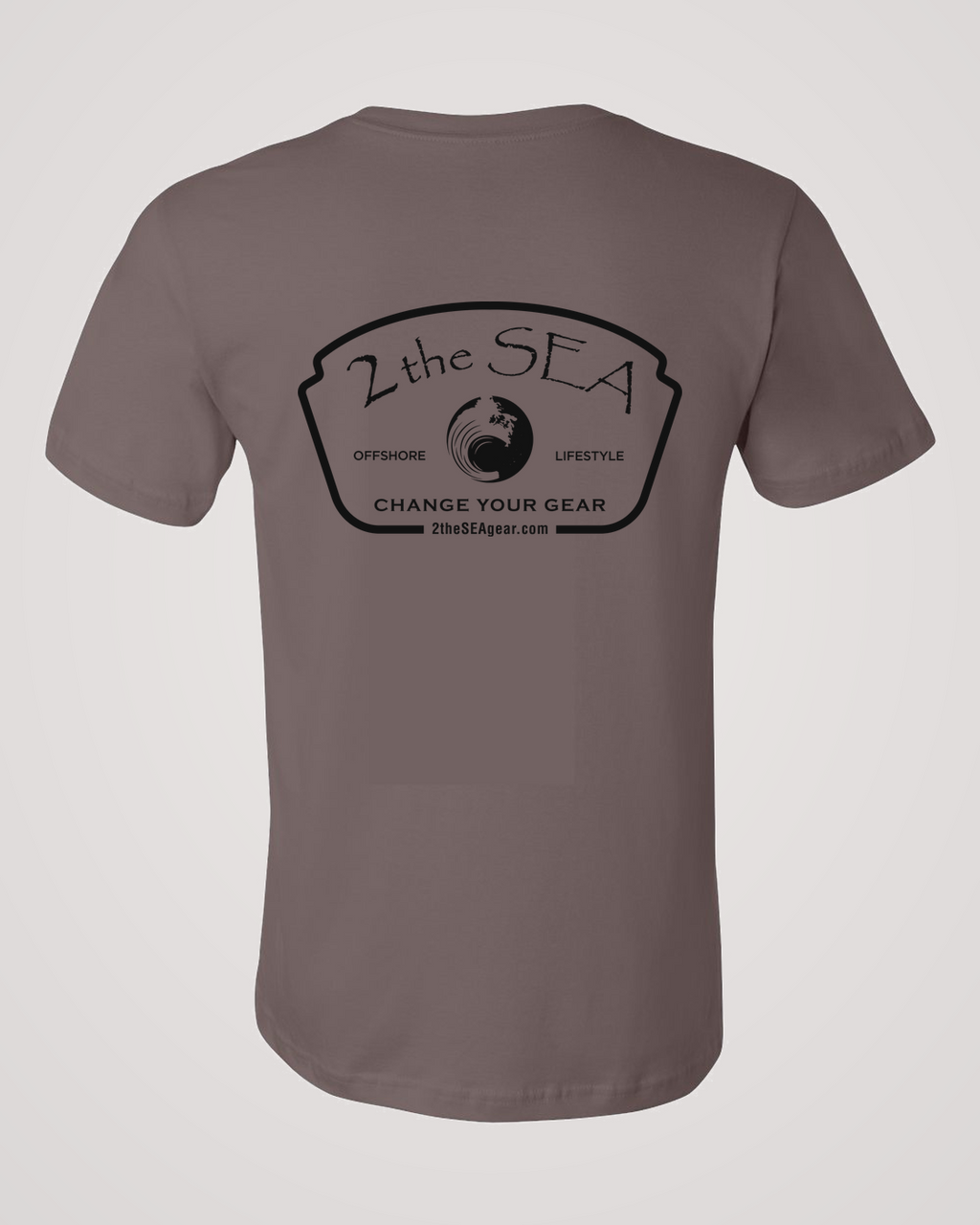 Studio back view of The Mark Pebble Brown 2theSEA T-shirt featuring the large black Change Your Gear badge graphic centered on the back.