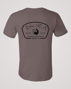 Studio back view of The Mark Pebble Brown 2theSEA T-shirt featuring the large black Change Your Gear badge graphic centered on the back.