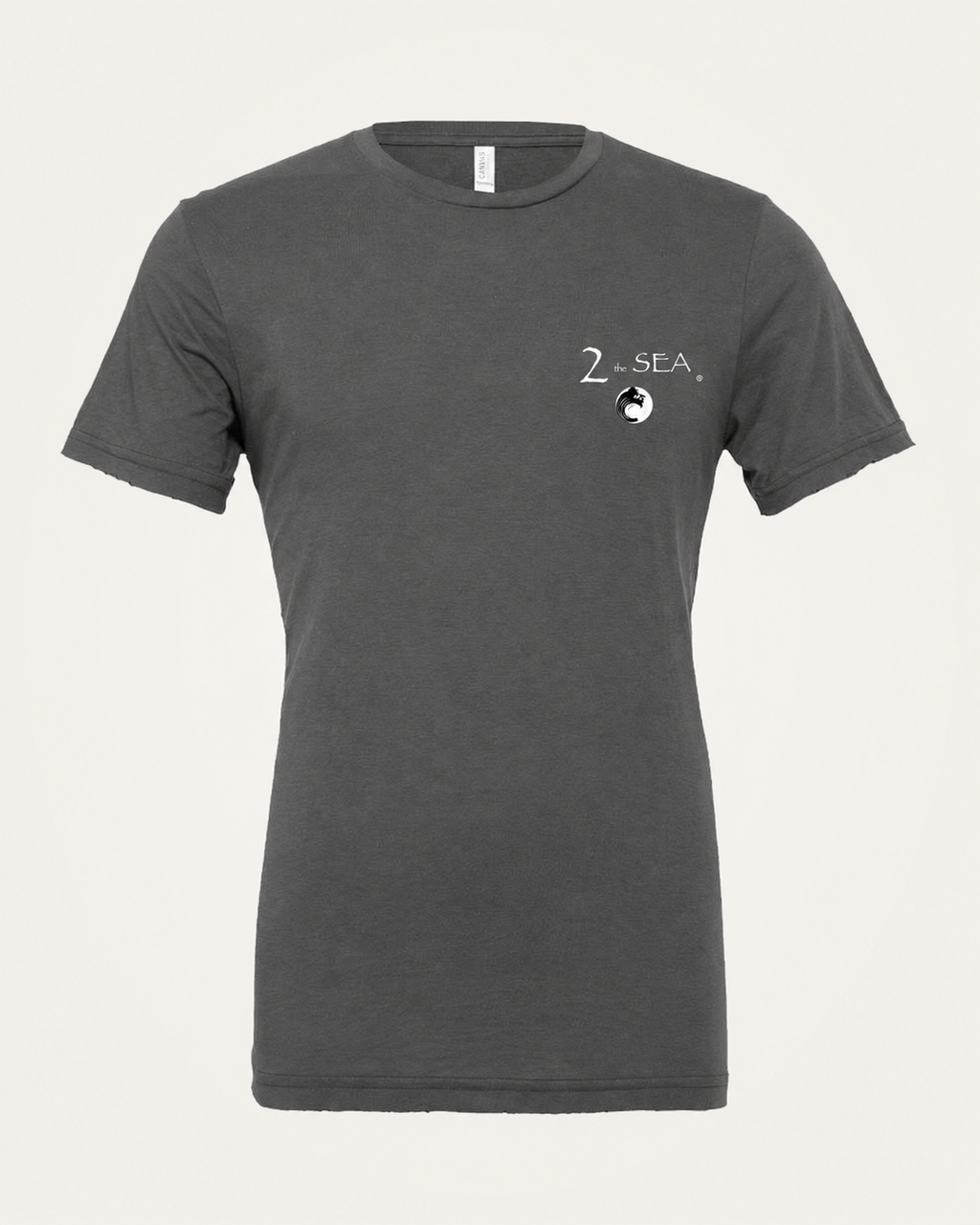 Studio front view of the Bluewater Asphalt Gray 2theSEA T-shirt featuring the offshore rectangular panel graphic on the left chest.