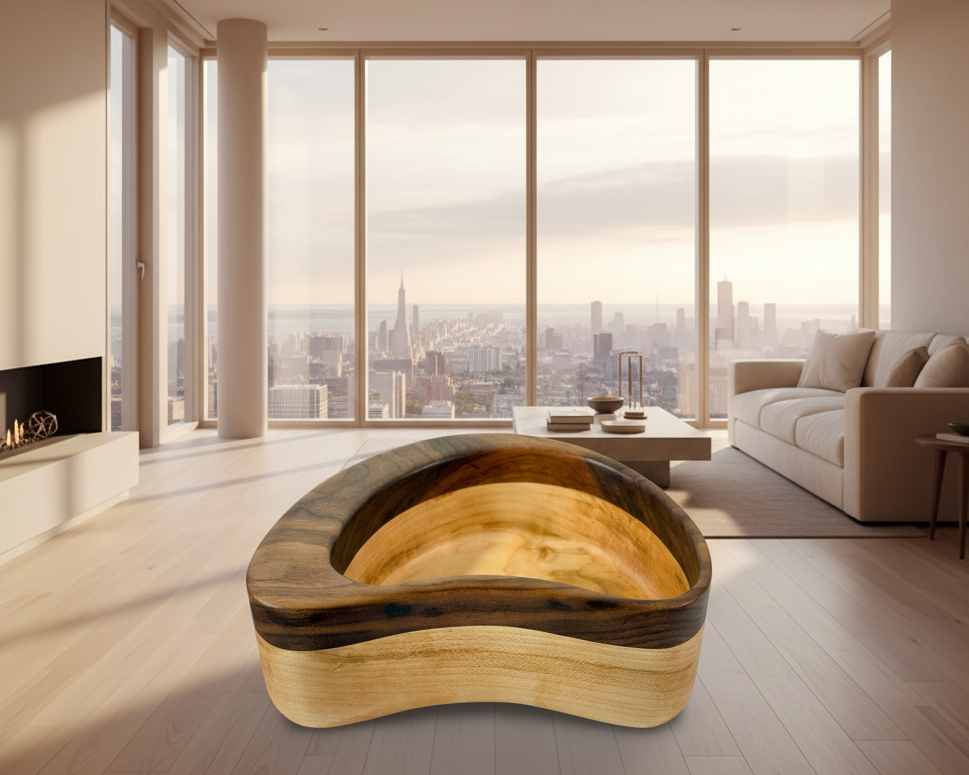 Hardwood  Maple Walnut Decorative Bowl Kidney Shaped