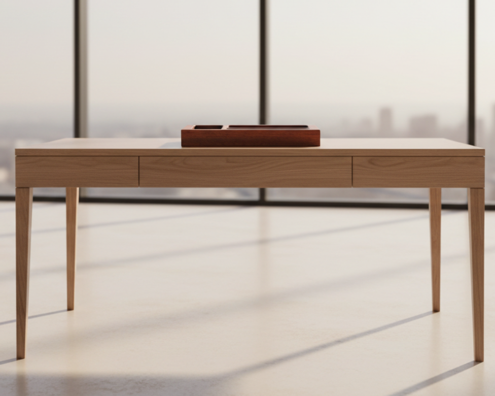 Wooden desk with a 3 compartment valet tray  in a modern interior setting