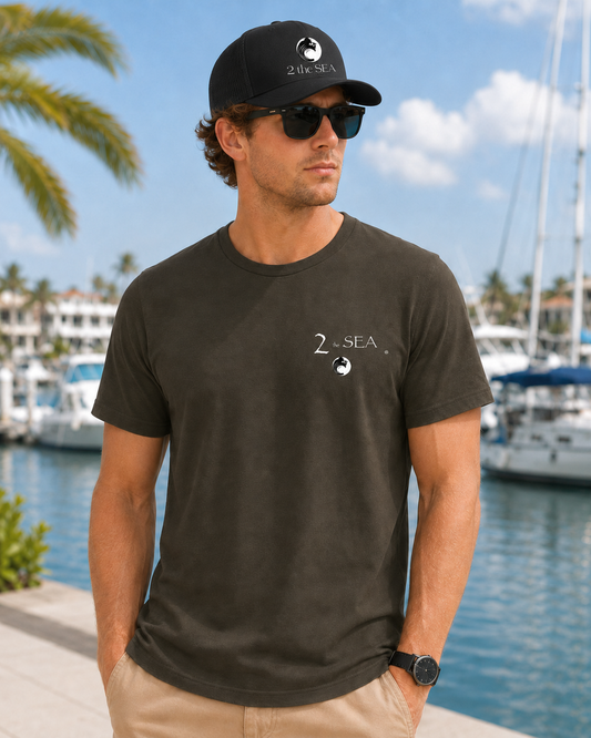 Front lifestyle view of The Break Army 2theSEA T-shirt featuring the small wave logo graphic on the left chest.
