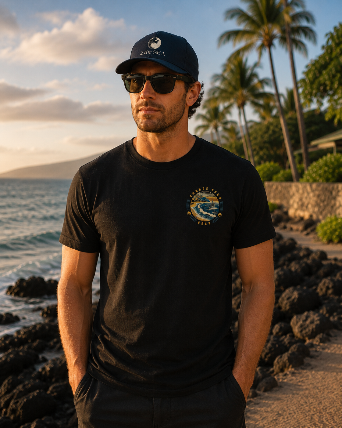 Front lifestyle view of The Passage Black 2theSEA T-shirt featuring the small shoreline, sailboat and wave graphic on the left chest.