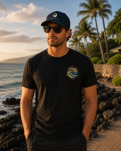 Front lifestyle view of The Passage Black 2theSEA T-shirt featuring the small shoreline, sailboat and wave graphic on the left chest.
