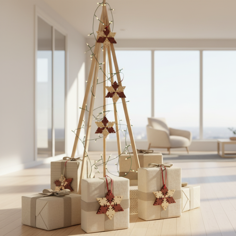 Decorative Wood Snowflakes on Christmas tree and gift boxes.