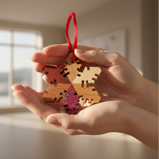 Hand holding a wooden snowflake ornament 