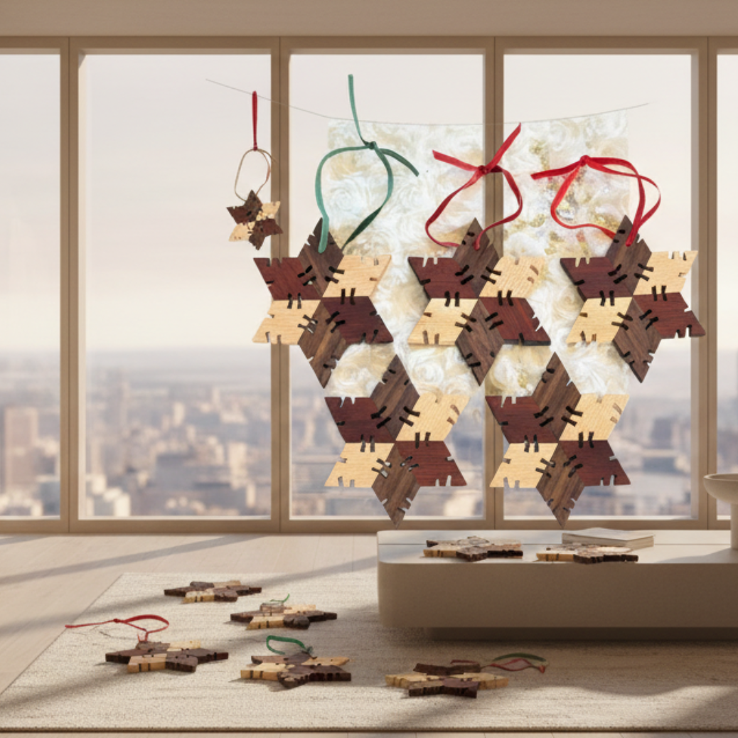 Wooden snowflake ornaments with ribbon hanger 